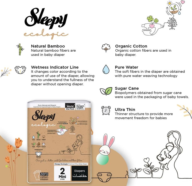 Sleepy Ecologic Premium Plus Baby Diapers Size 2 - 204 Count, Hypoallergenic and Biodegradable - Image 5